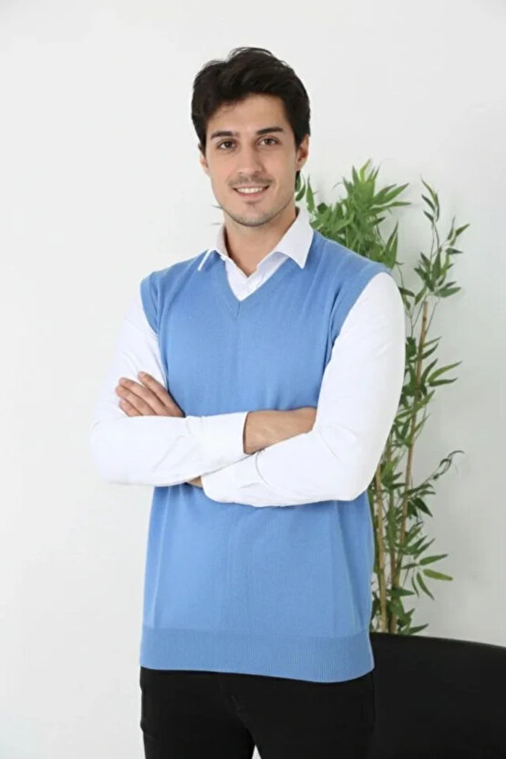 Erkek V Yaka Kolsuz Süveter Triko Kazak Yumuşak Dokulu Pamuklu Ince Dokuma Rahat Regular Kalıp - Mav