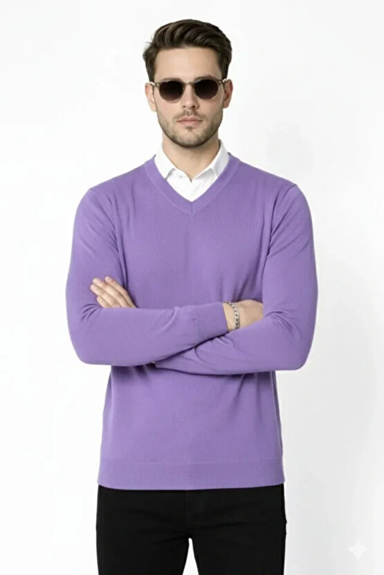 Erkek V Yaka Triko Kazak Yumuşak Dokulu Pamuklu Ince Dokuma, Uzun Kollu Rahat Regular Kalıp - Mor