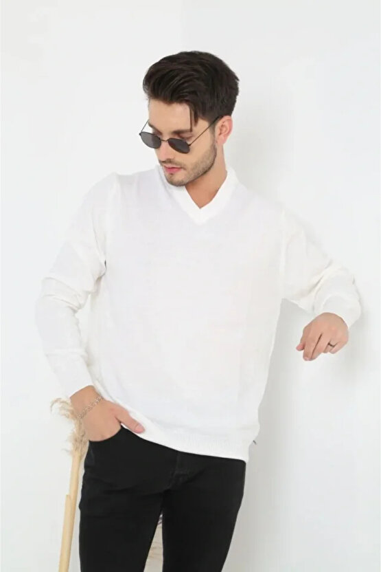 Erkek V Yaka Triko Kazak Yumuşak Dokulu Pamuklu Ince Dokuma, Uzun Kollu Rahat Regular Kalıp - Beyaz