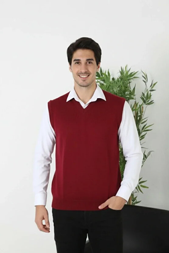 Erkek V Yaka Kolsuz Süveter Triko Kazak Yumuşak Dokulu Pamuklu Ince Dokuma Rahat Regular Kalıp - Bor