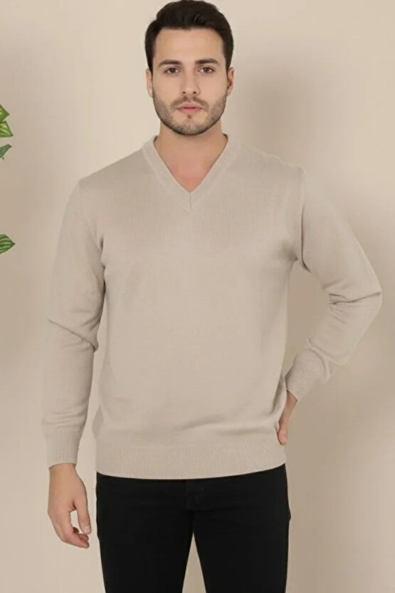 Erkek V Yaka Triko Kazak Yumuşak Dokulu Pamuklu Ince Dokuma, Uzun Kollu Rahat Regular Kalıp - Bej