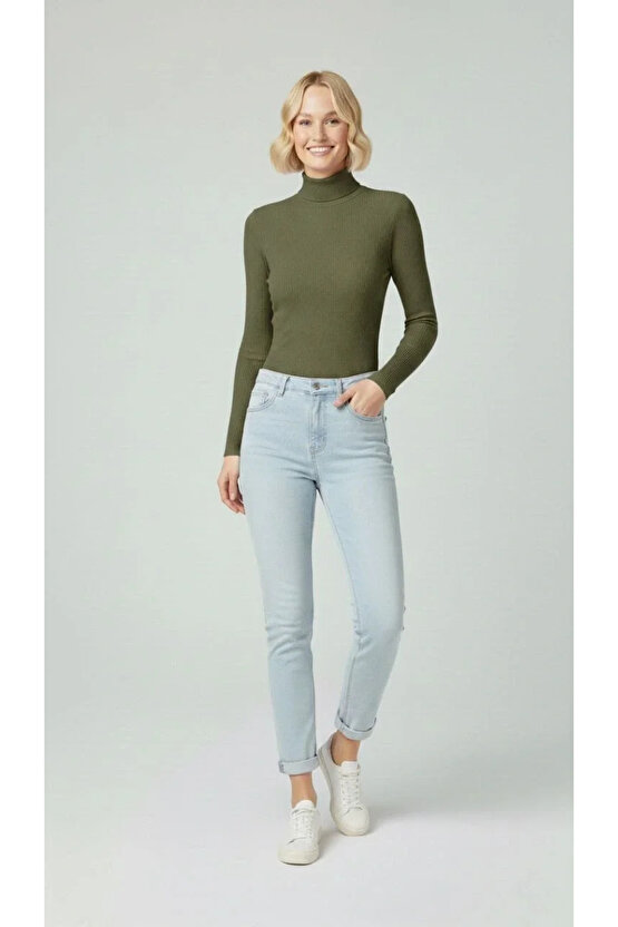 Kadın Tam Boğazlı Fitilli Likrali Kaşkorse Badi İnce Uzun Kollu Rahat Kazak - Haki