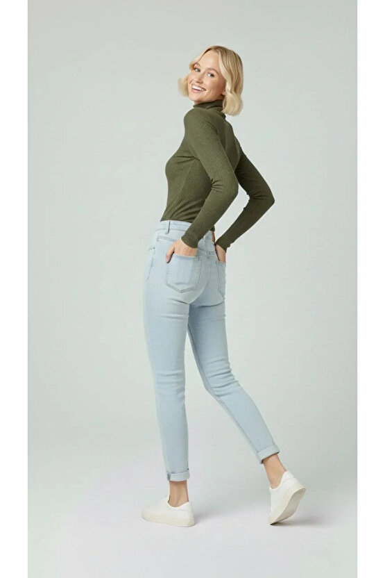 Kadın Tam Boğazlı Fitilli Likrali Kaşkorse Badi İnce Uzun Kollu Rahat Kazak - Haki