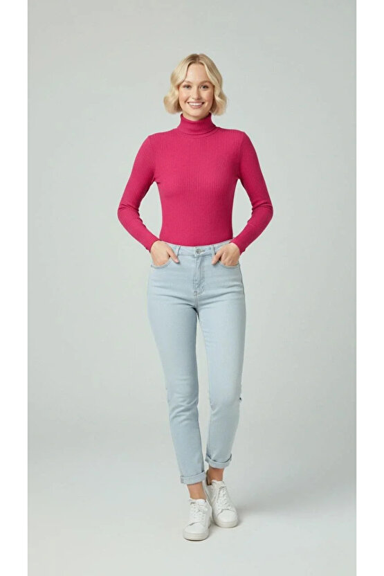 Kadın Tam Boğazlı Fitilli Likrali Kaşkorse Badi İnce Uzun Kollu Kazak - Pembe