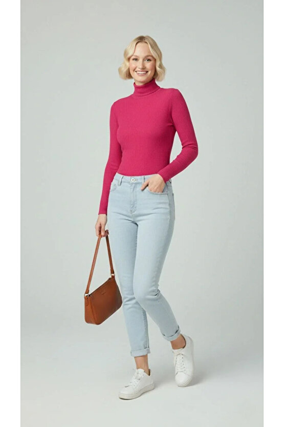 Kadın Tam Boğazlı Fitilli Likrali Kaşkorse Badi İnce Uzun Kollu Kazak - Pembe