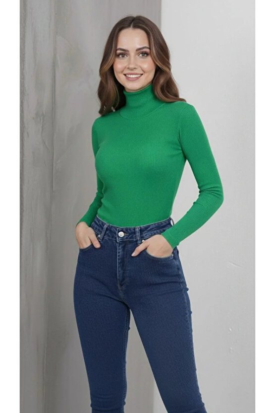 Kadın Tam Boğazlı Fitilli Likrali Kaşkorse Badi İnce Uzun Kollu Kazak - Çimen Yeşili