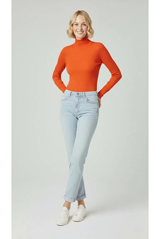 Kadın Tam Boğazlı Fitilli Likrali Kaşkorse Badi İnce Uzun Kollu Kazak - Turuncu