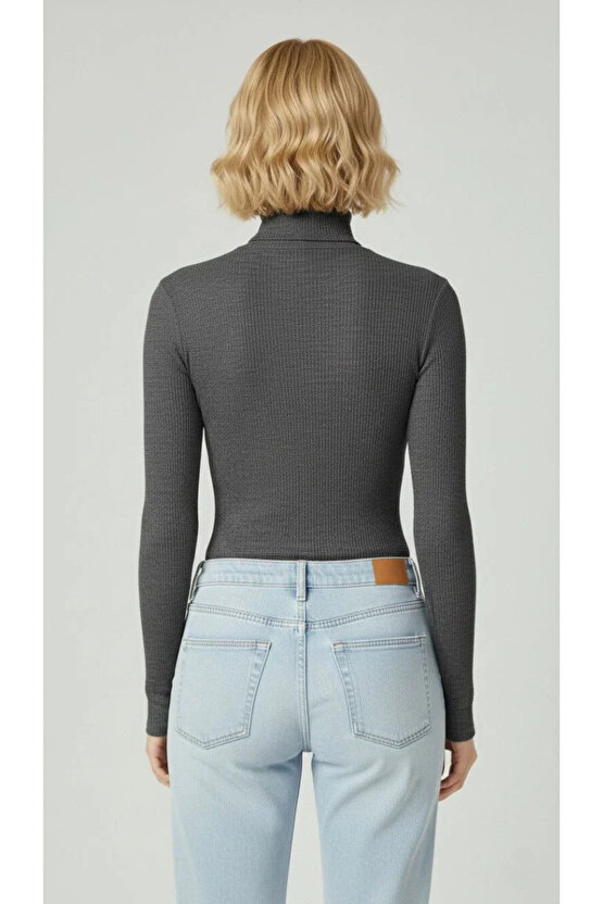 Kadın Tam Boğazlı Fitilli Likrali Kaşkorse Badi İnce Uzun Kollu Kazak - Antrasit