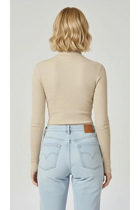 Kadın Tam Boğazlı Fitilli Likrali Kaşkorse Badi İnce Uzun Kollu Kazak - Bej