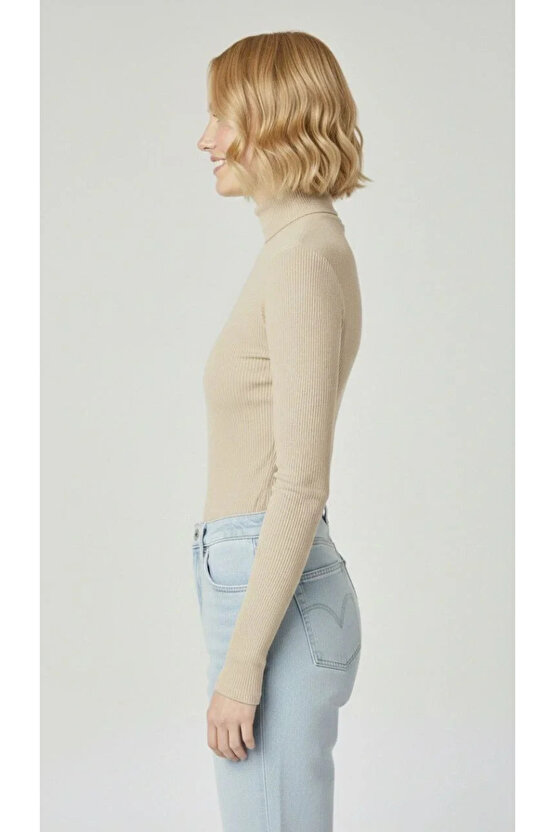 Kadın Tam Boğazlı Fitilli Likrali Kaşkorse Badi İnce Uzun Kollu Kazak - Bej