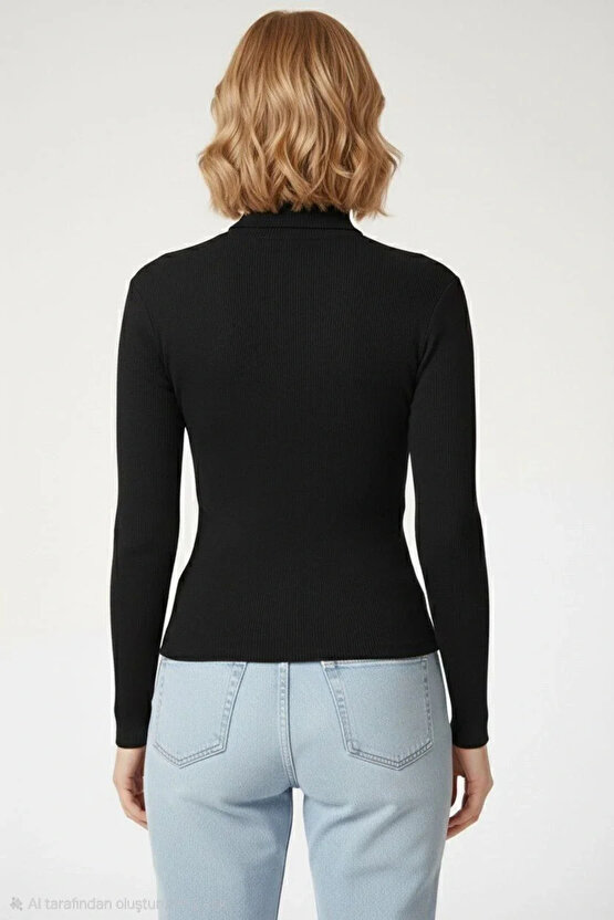 Kadın Tam Boğazlı Fitilli Likrali Kaşkorse Badi İnce Uzun Kollu Kazak - Siyah