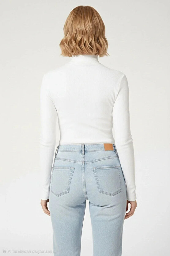 Kadın Tam Boğazlı Fitilli Likrali Kaşkorse Badi İnce Uzun Kollu Kazak - Beyaz