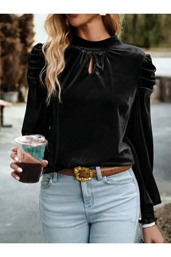 Kadın Uzun Kollu Balıkçı Yaka Damla Detaylı Kadife Bluz