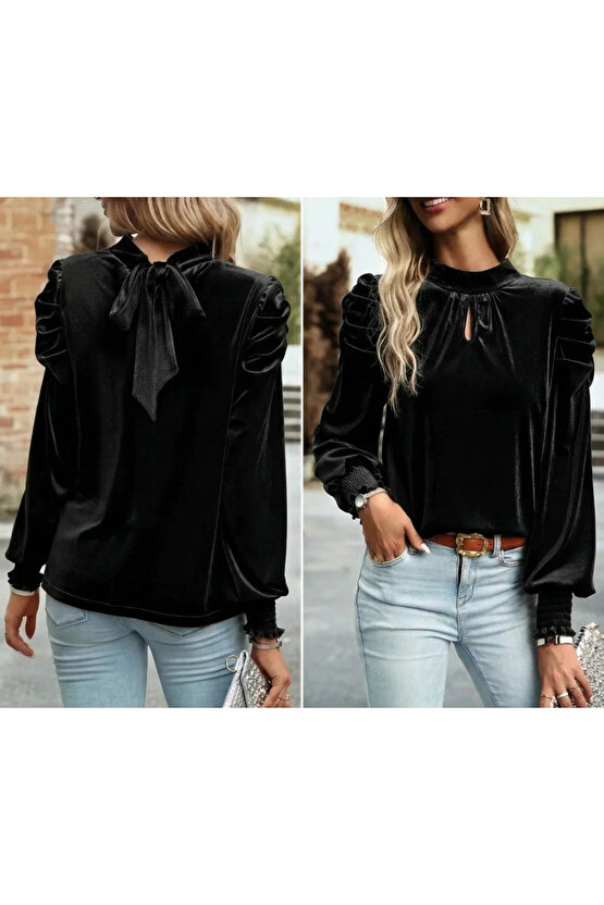 Kadın Uzun Kollu Balıkçı Yaka Damla Detaylı Kadife Bluz