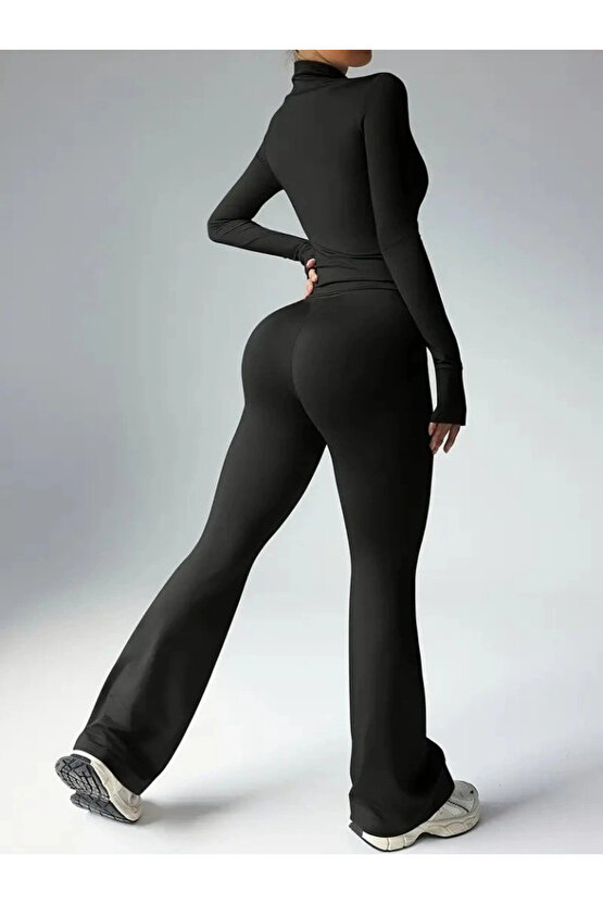 Kadın Uzun Kollu önden Fermuarlı Kısa Dalgıç Bluz Ve Pantolon Ikili Takım