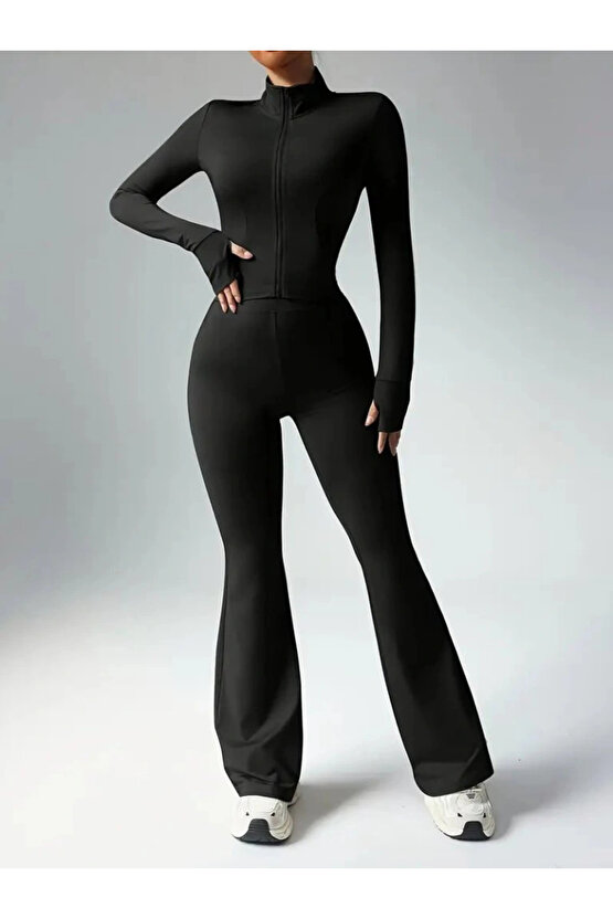 Kadın Uzun Kollu önden Fermuarlı Kısa Dalgıç Bluz Ve Pantolon Ikili Takım