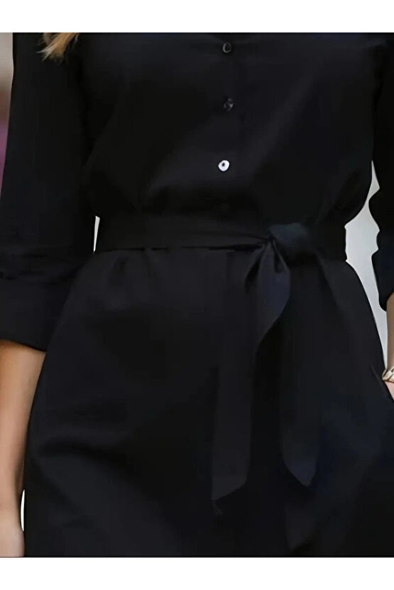 Kadın Uzun Kollu Yakalı Belden Kuşaklı Midi Trikoton Elbise