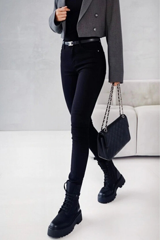 Kadın Yüksek Bel Cepli Kemersiz Kot Pantolon