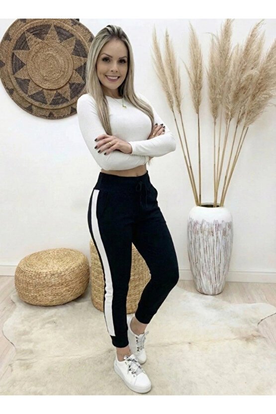 Kadın Yüksek Bel Kuş Gözü Detaylı Bağcıklı Yan şeritli Viskon Iki Iplik Eşofman Altı