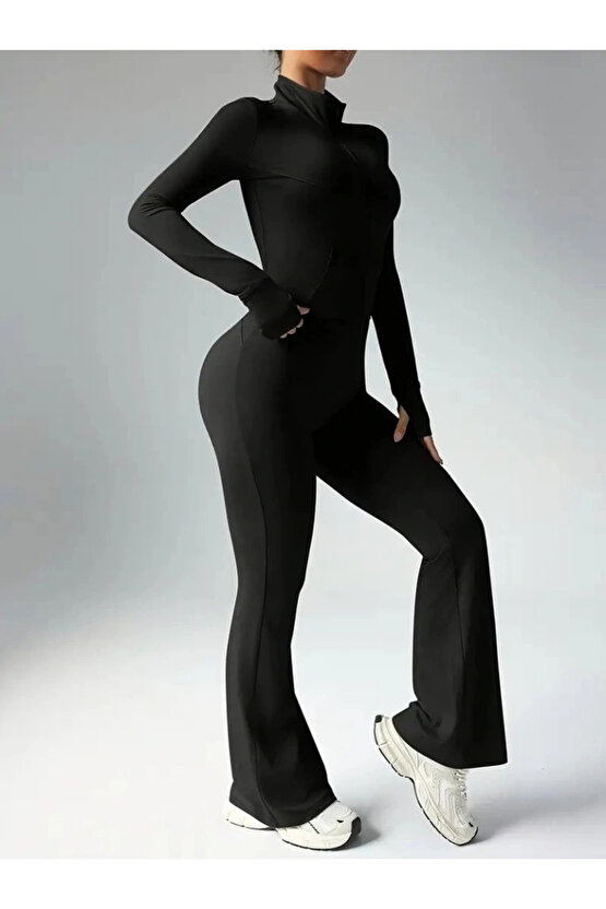 Kadın Uzun Kollu önden Fermuarlı Kısa Dalgıç Bluz Ve Pantolon Ikili Takım