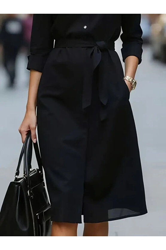 Kadın Uzun Kollu Yakalı Belden Kuşaklı Midi Trikoton Elbise