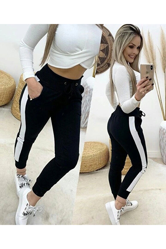 Kadın Yüksek Bel Kuş Gözü Detaylı Bağcıklı Yan şeritli Viskon Iki Iplik Eşofman Altı