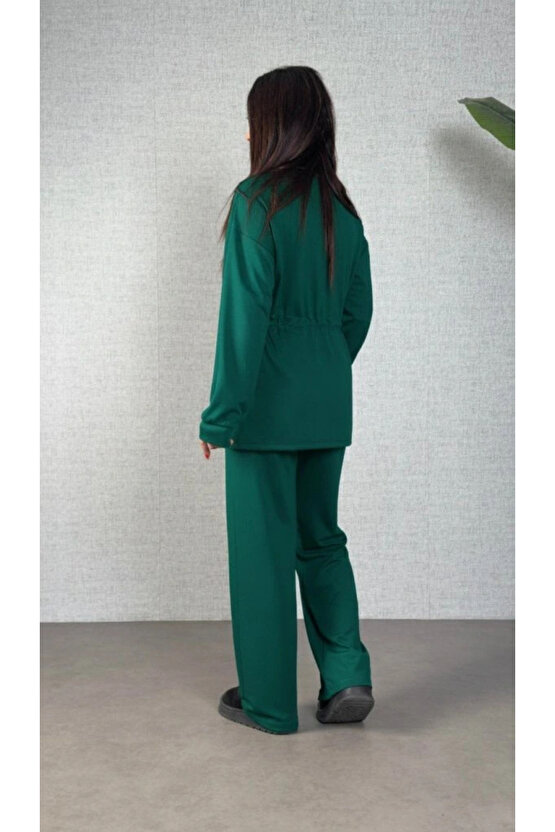 Kadın Uzun Kollu Bisiklet Yaka Belden Büzgülü Bağcıklı Viskon Iki Iplik Bluz Ve Pantolon Ikili Takım