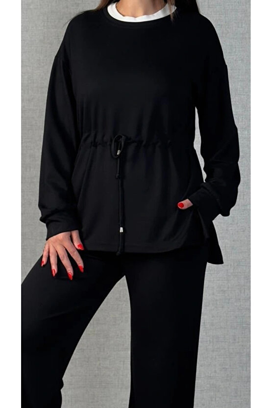 Kadın Uzun Kollu Bisiklet Yaka Belden Büzgülü Bağcıklı Viskon Iki Iplik Bluz Ve Pantolon Ikili Takım