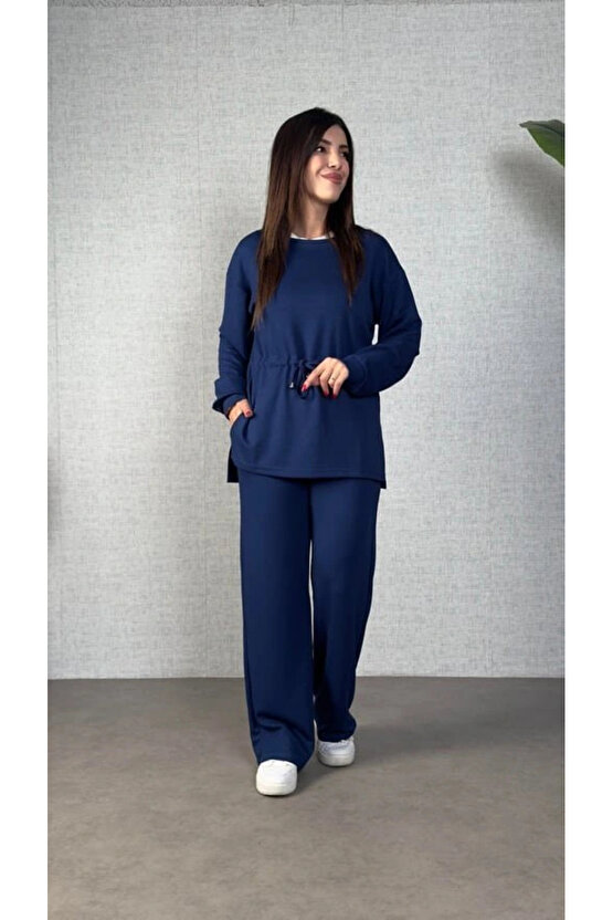 Kadın Uzun Kollu Bisiklet Yaka Belden Büzgülü Bağcıklı Viskon Iki Iplik Bluz Ve Pantolon Ikili Takım