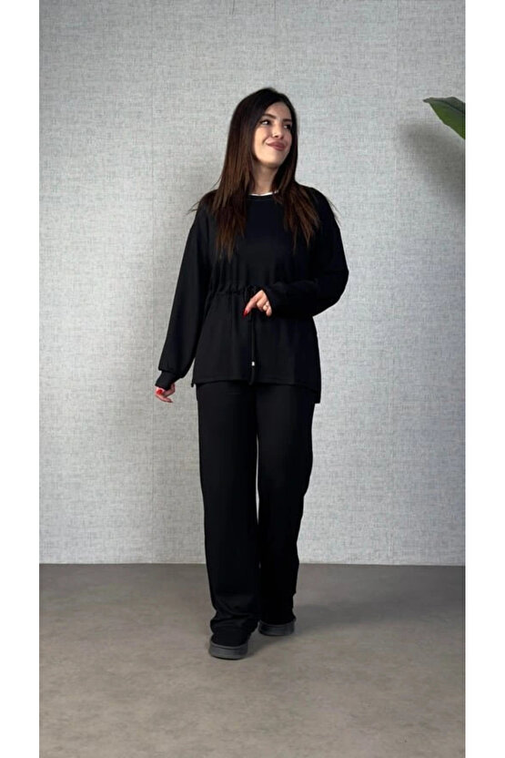 Kadın Uzun Kollu Bisiklet Yaka Belden Büzgülü Bağcıklı Viskon Iki Iplik Bluz Ve Pantolon Ikili Takım