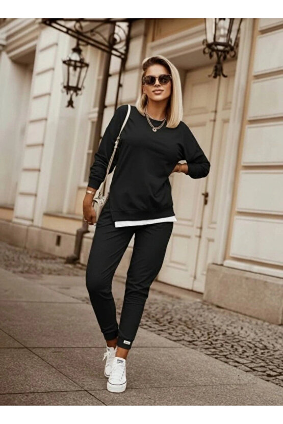 Kadın Uzun Kollu Bisiklet Yaka Yandan Fermuarlı Viskon Iki Iplik Bluz Ve Pantolon Ikili Takım