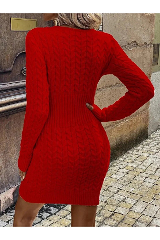 Kadın Uzun Kollu V Yakalı önden Fermuarlı Kısa Triko Elbise