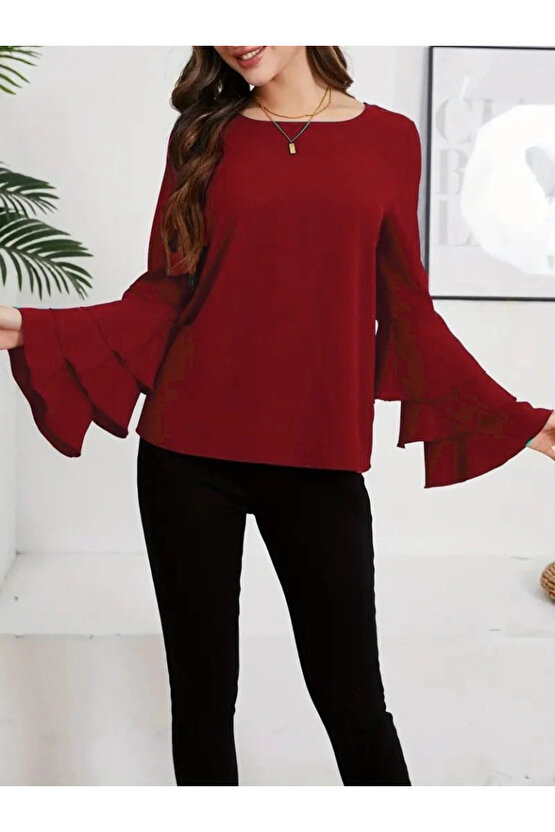 Kadın Uzun Kollu Bisiklet Yaka Kollar İspanyol Volanlı Sandy Bluz
