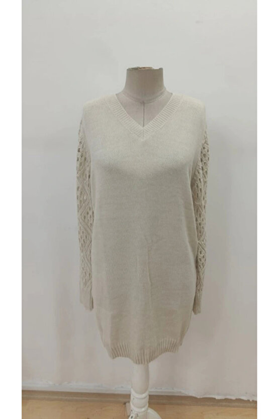 Kadın Uzun Kollu V Yakalı Mini Triko Elbise