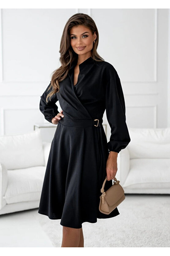Kadın Uzun Kollu Hakim V Yakalı Yandan Toka Detaylı Ithal Mini Krep Elbise