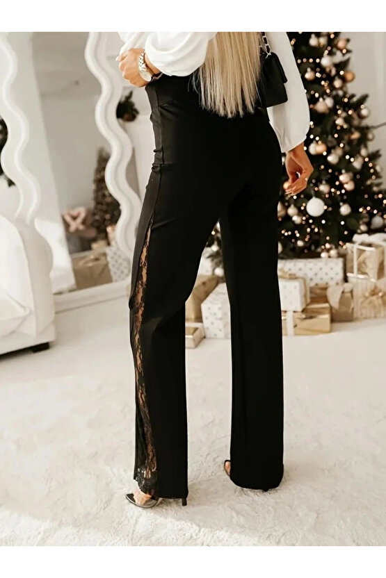 Kadın Yüksek Bel Yanlardan Dantelli Paçaya Doğru Geniş Kesim Detaylı Ithal Krep Pantolon