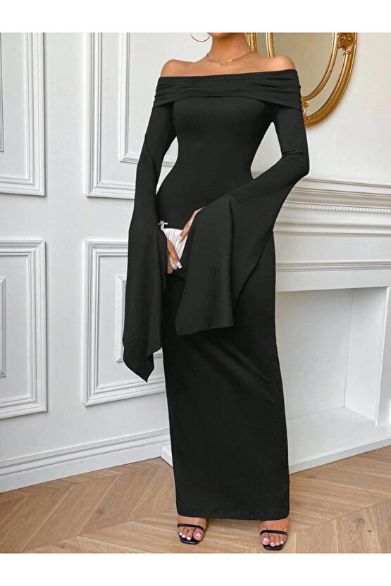 Kadın Madonna Yaka Uzun Yırtmaç Kol Detaylı Uzun Ithal Krep Elbise