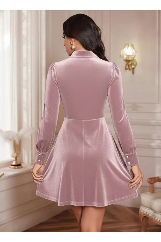 Kadın Uzun Kollu Yakalı Tül Detaylı Incili Mini Kadife Elbise