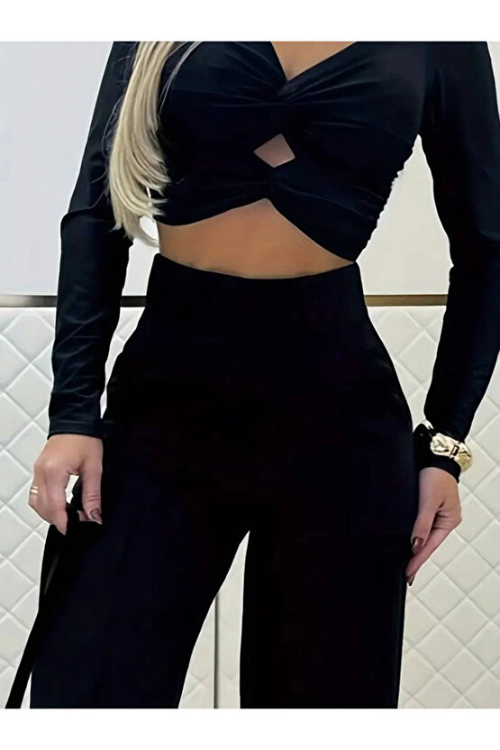 Kadın Uzun Kollu Göğüs Dekolteli Ithal Krep Bluz Ve Pantolon Ikili Takım