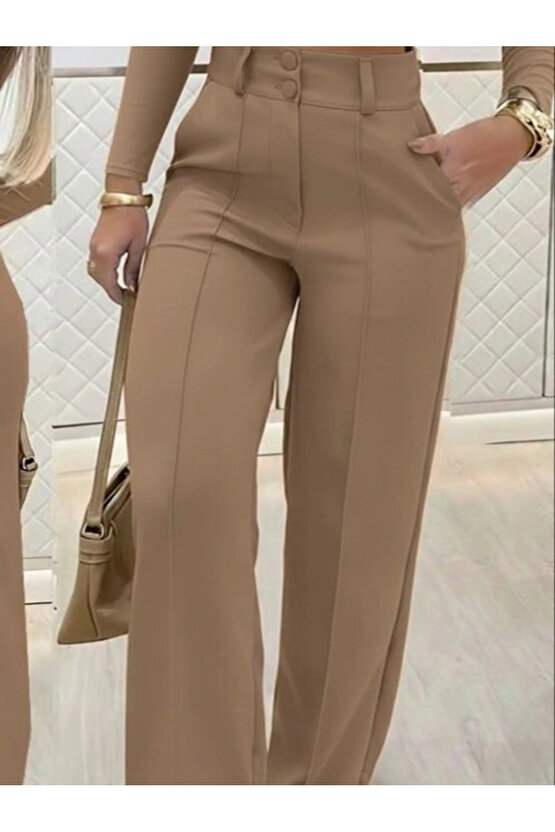 Kadın Uzun Kollu Göğüs Dekolteli Ithal Krep Bluz Ve Pantolon Ikili Takım