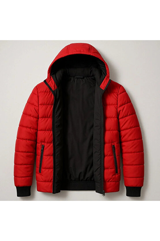 Kadın Şişme Kapüşonlu Fermuarlı Mont Su itici Kapitone Astarlı Kumaş Cepli Kışlık Rahat Kalıp - Kırm