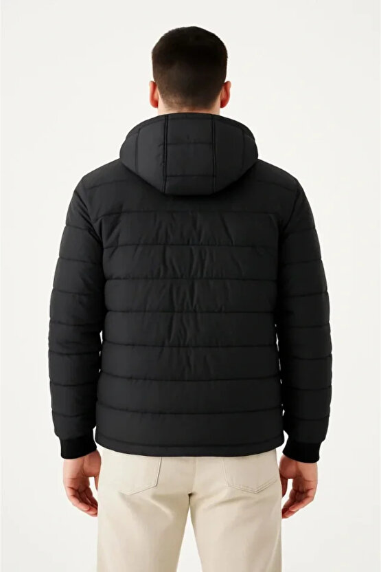 Erkek Şişme Kapüşonlu Fermuarlı Mont Su Itici Kapitone Astarlı Kumaş Cepli Kışlık Rahat Kalıp - Siya