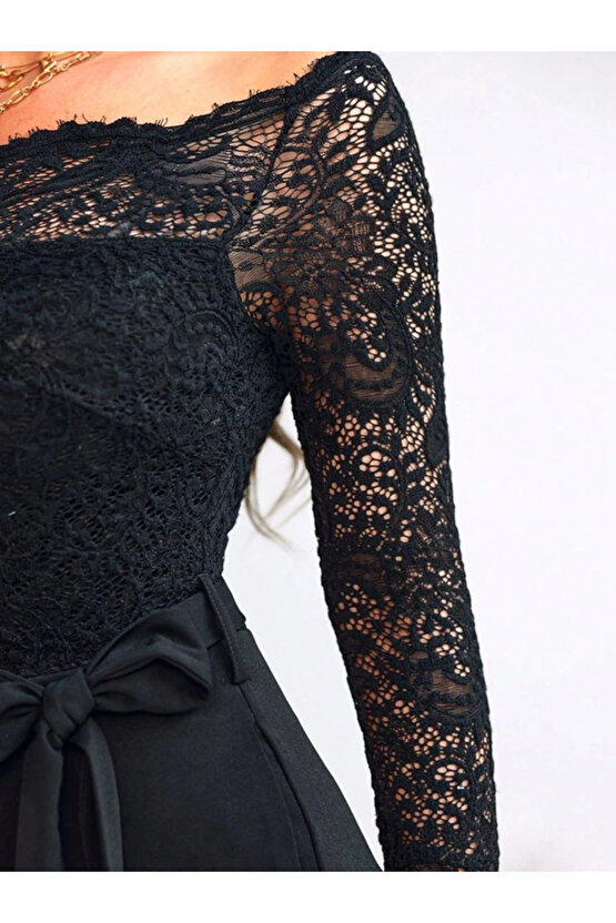 Kadın Uzun Kollu Madonna Yaka Dantelli Yandan Bağlamalı Ithal Krep Tulum