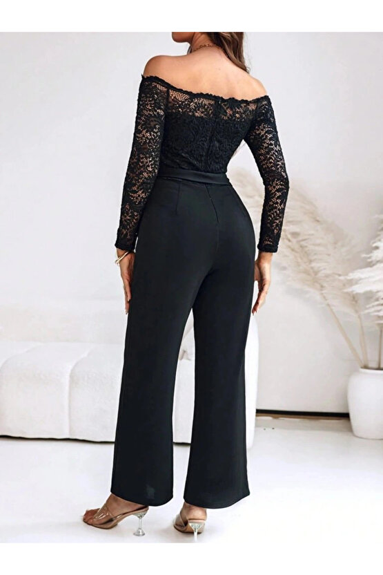 Kadın Uzun Kollu Madonna Yaka Dantelli Yandan Bağlamalı Ithal Krep Tulum