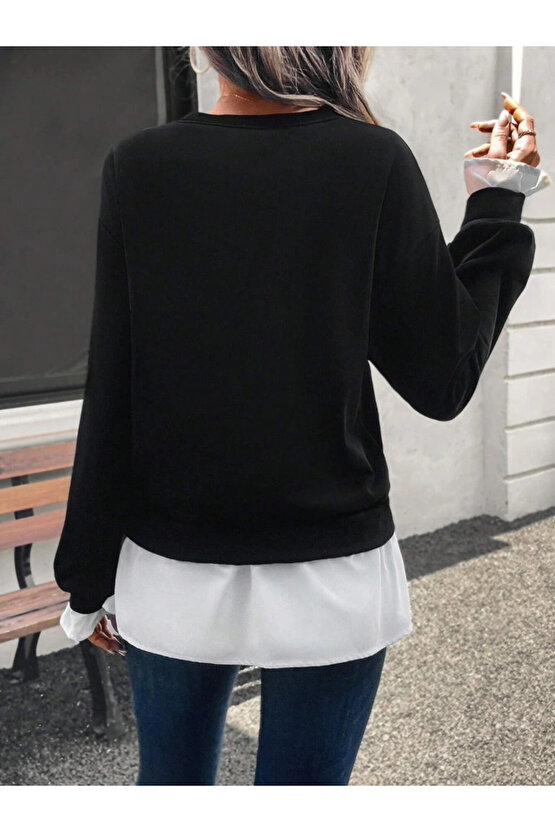 Kadın Uzun Kollu Bisiklet Yaka Viskon Iki Iplik Ve Etek Ucu Trikoton Bluz