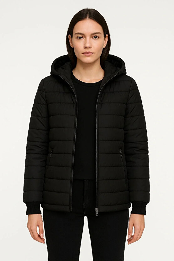 Kadın Şişme Kapüşonlu Fermuarlı Mont Su itici Kapitone Astarlı Kumaş Cepli Kışlık Rahat Kalıp - Siya