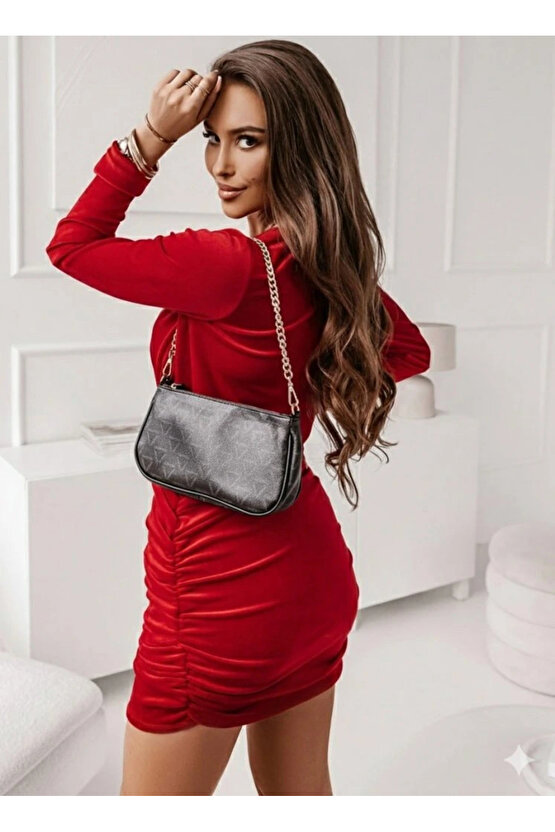 Kadın Uzun Kollu Kruvaze Yaka Yandan Büzgülü Mini Ithal Krep Elbise