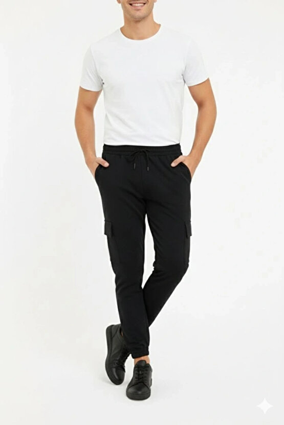 Erkek Siyah Jogger Eşofman Altı Rahat Kalıp, Kargo Cepli, Lastikli Paça, Günlük Spor Pantolon - Siya