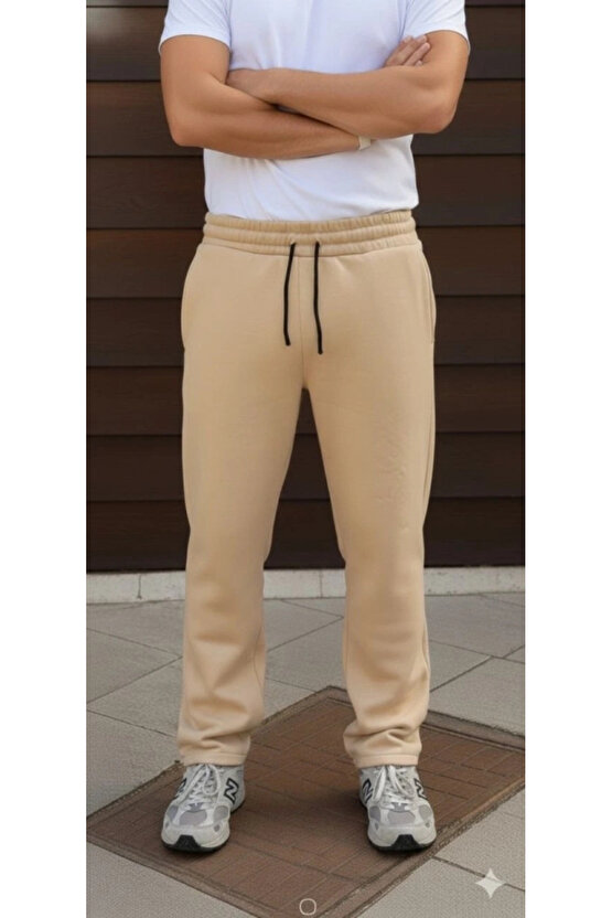 Erkek Üç Iplik Kışlık Pamuklu Ovarsize Bağcıklı Düz Paça Cepli Eşofman Altı Spor Rahat Model - Bej