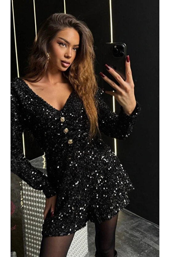 Kadın Uzun Kollu V Yaka Düğme Detay Ful Pul Payet Elbise